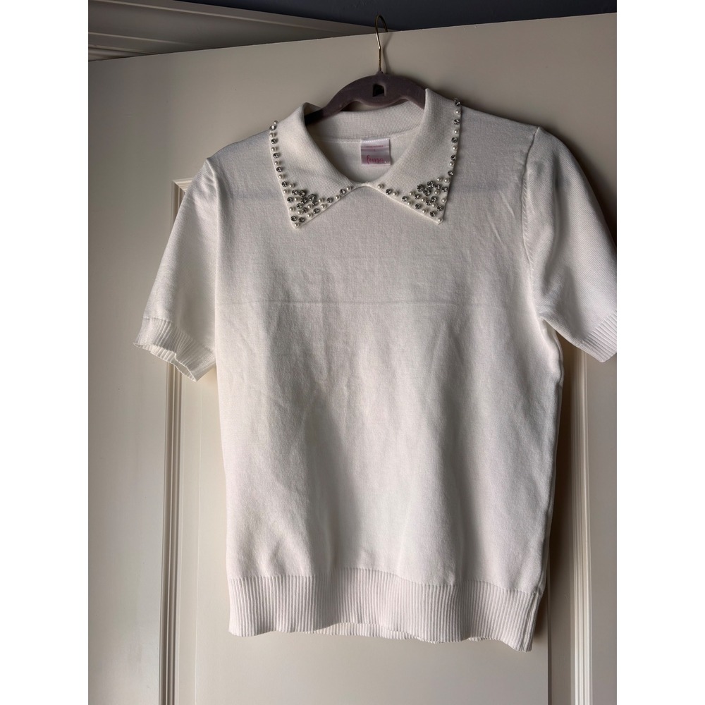 Luna Women White Short Sleeve Knit Sweater Faux Pearl Rhinestone Collar Top L